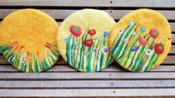 Handfelted Seat Cushion With Flowers & Grass, Yellow