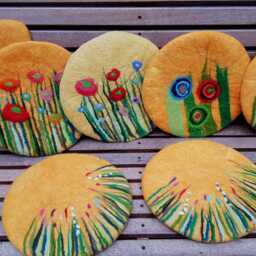 Handfelted Seat Cushion With Flowers & Grass, Yellow - thumbnail 2