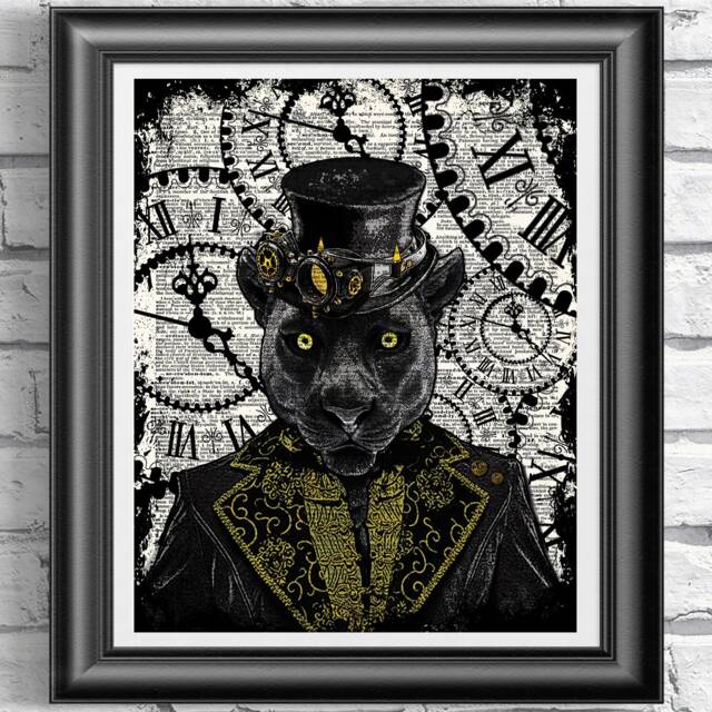 steampunk Black Panther Art Print, Art Print, Print On Antique Dictionary Book Page, Wall Panther - image 1