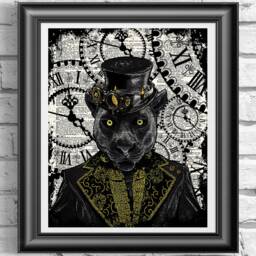 steampunk Black Panther Art Print, Art Print, Print On Antique Dictionary Book Page, Wall Panther - thumbnail 1