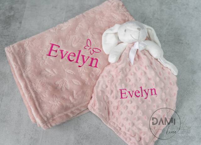 Personalised Dusky Pink Floral Baby Blanket & Bunny Comforter - Girl Gift Set Embroidered Newborn Shower - image 1