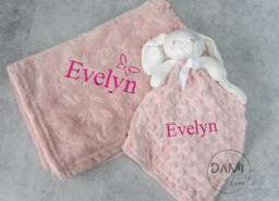 Personalised Dusky Pink Floral Baby Blanket & Bunny Comforter - Girl Gift Set Embroidered Newborn Shower