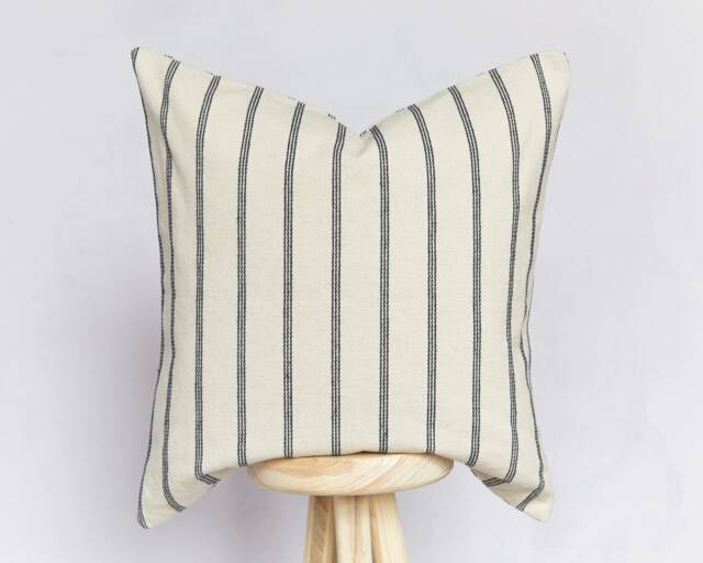 Handmade Beige & Black Coastal Striped Cushion Cover - Stripe Farmhouse Country Pillow - image 1