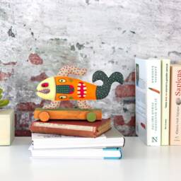 Crazy Fish On Wheels - Handmade Felt Sculpture, Whimsical Textile Art, One-Of-A-Kind Kinetic Creature - thumbnail 2