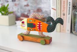 Crazy Fish On Wheels - Handmade Felt Sculpture, Whimsical Textile Art, One-Of-A-Kind Kinetic Creature - thumbnail 1