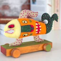 Crazy Fish On Wheels - Handmade Felt Sculpture, Whimsical Textile Art, One-Of-A-Kind Kinetic Creature - thumbnail 3