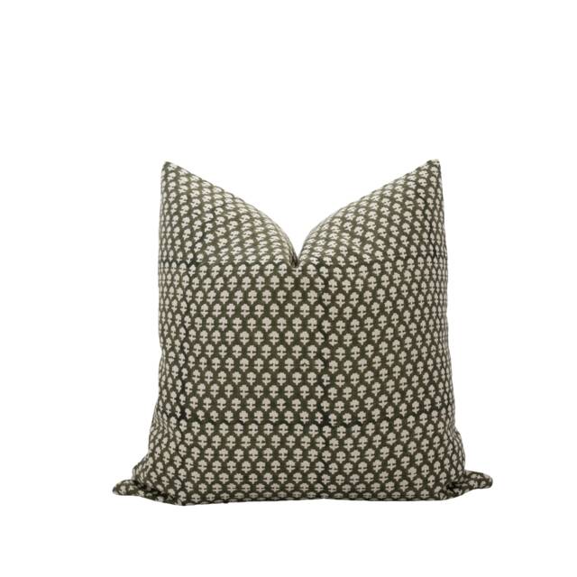Daru -- Dark Olive Green Floral Pillow Cover Block Print Farmhouse Moody Forest - image 1