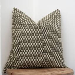 Daru -- Dark Olive Green Floral Pillow Cover Block Print Farmhouse Moody Forest - thumbnail 3