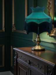 Handmade Forest Green Fabric Lampshade Black Fringe, Downton Abbey Style, Bespoke British Made - thumbnail 1