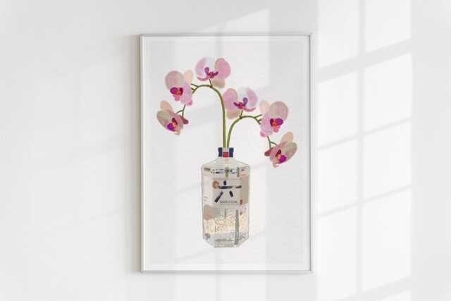 Roku Japanese Gin & Pink Orchids Kitchen Art Print/Wall Art, Pretty, Quirky Decor Gift For Her/Him, Alcohol Cocktail Bar Poster Botanical - image 1