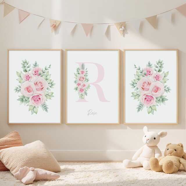 Rose Nursery Prints, Set Of 3 Pink Floral Rose Prints For Girls Bedroom Or Nursery, Floral Initial With Name - image 1