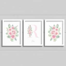 Rose Nursery Prints, Set Of 3 Pink Floral Rose Prints For Girls Bedroom Or Nursery, Floral Initial With Name - thumbnail 3