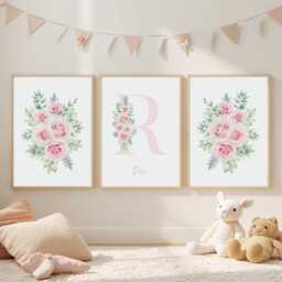 Rose Nursery Prints, Set Of 3 Pink Floral Rose Prints For Girls Bedroom Or Nursery, Floral Initial With Name - thumbnail 1