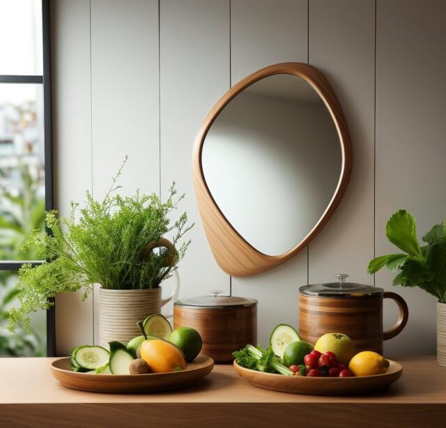 Asymmetrical Wooden Wall Mirror With Organic Frame, Handmade For Living Room Decoration - image 1