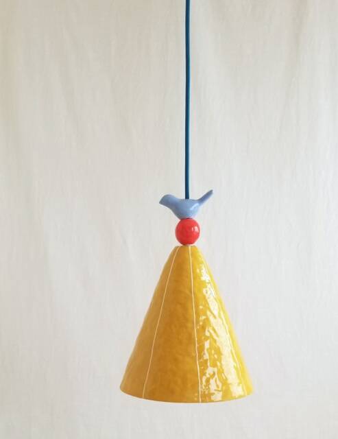 Pendant Light. Ceramic Cone With Bird & Bead Detail. Hardwire Or Plugin Cord - image 1