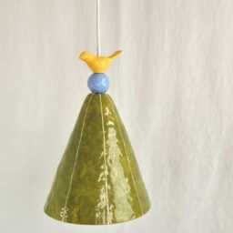 Pendant Light. Ceramic Cone With Bird & Bead Detail. Hardwire Or Plugin Cord - thumbnail 4