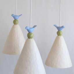 Pendant Light. Ceramic Cone With Bird & Bead Detail. Hardwire Or Plugin Cord - thumbnail 3