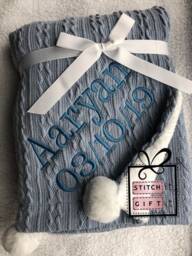 Personalised Baby Cable Knit Blanket -Name Embroidered Pom Pom/Sherpa Reverse