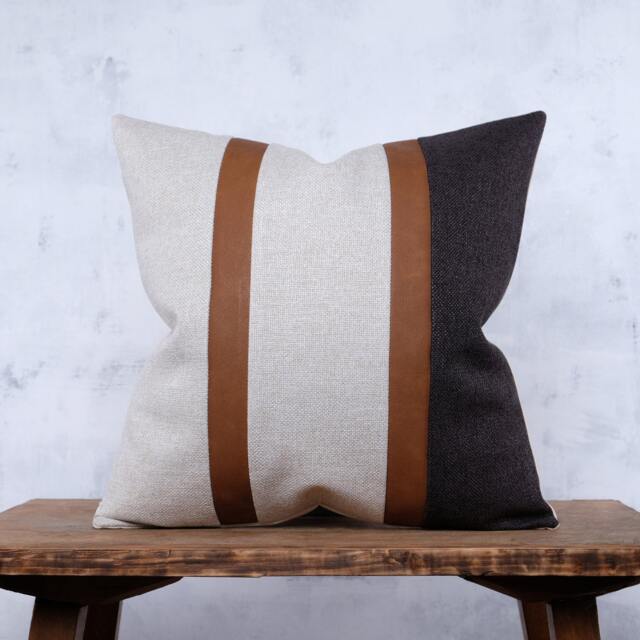 Cognac Faux Leather Accent, Striped Pillow Cover, Mid Century Modern Cushion Case - image 1