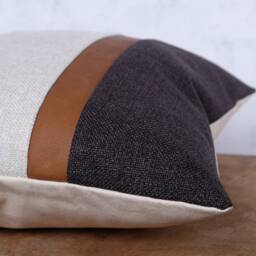 Cognac Faux Leather Accent, Striped Pillow Cover, Mid Century Modern Cushion Case - thumbnail 2