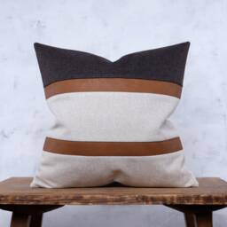 Cognac Faux Leather Accent, Striped Pillow Cover, Mid Century Modern Cushion Case - thumbnail 3