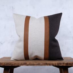 Cognac Faux Leather Accent, Striped Pillow Cover, Mid Century Modern Cushion Case - thumbnail 1