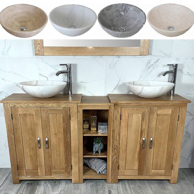 Solid Oak Bathroom Vanity Unit - Double Sink Washstand With Marble Basins - image 1