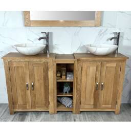 Solid Oak Bathroom Vanity Unit - Double Sink Washstand With Marble Basins - thumbnail 2