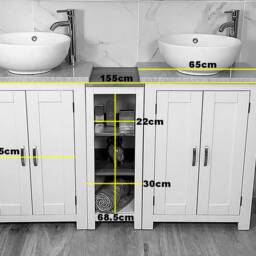Solid Oak Bathroom Vanity Unit - Double Sink Washstand With Marble Basins - thumbnail 4