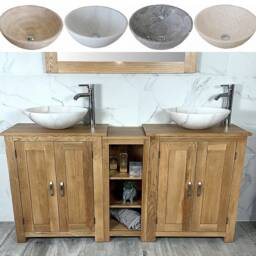 Solid Oak Bathroom Vanity Unit - Double Sink Washstand With Marble Basins - thumbnail 1