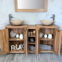 Solid Oak Bathroom Vanity Unit - Double Sink Washstand With Marble Basins - thumbnail 3
