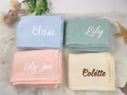 Neutral High Quality Cotton Super Soft Personalized Baby Blanket Girl Waffle Stroller Organic Muslin - thumbnail 1