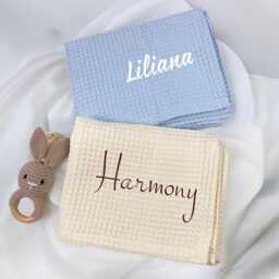 Neutral High Quality Cotton Super Soft Personalized Baby Blanket Girl Waffle Stroller Organic Muslin - thumbnail 2