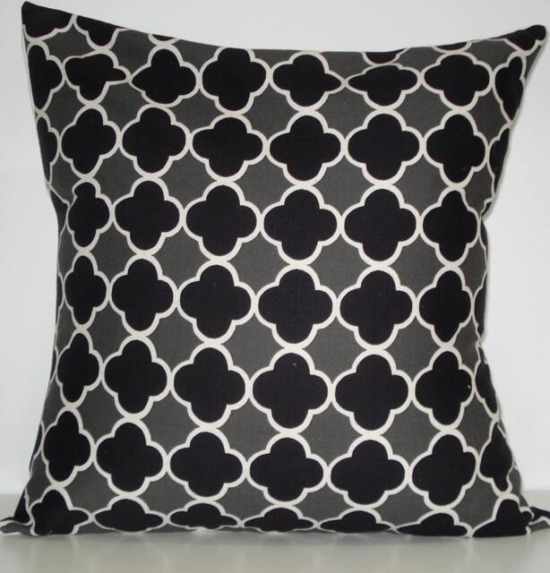 New 18x18 Inch Designer Handmade Pillow Case in Black & Grey Quatrefoil Pattern