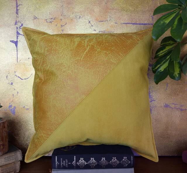 Yellow Vegan Leather Fabric Pillow&insert-Diagonal Triangle Design-Leather & Suede/Modern Scandinavian Home Decor-1Pcs - image 1