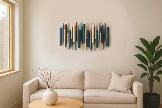 Teal & Beige Wall Art - Modern Abstract Wood Sculpture - image 1