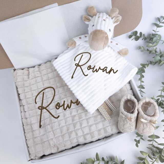 Embroidered Neutral Giraffe Comforter Blanket Gift Set - Baby Shower Booties Newborn Girl Boy - image 1