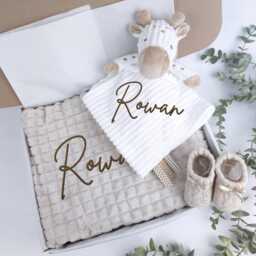 Embroidered Neutral Giraffe Comforter Blanket Gift Set - Baby Shower Booties Newborn Girl Boy - thumbnail 1