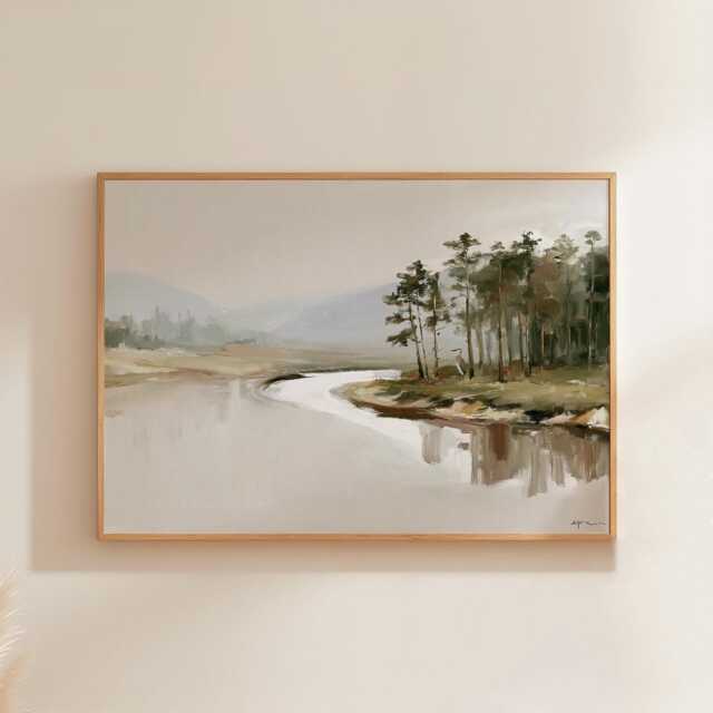 Misty River Poster, Pine Valley Print, Nature Wall Art, Paper - image 1