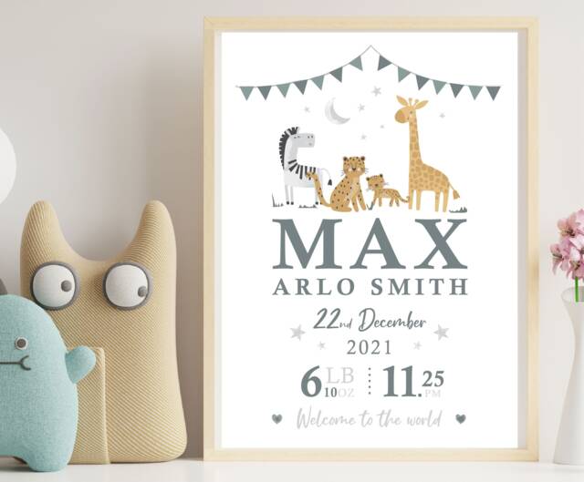 Personalized Baby Name Print - Nursery Animal Art - A4 Or PDF - image 1