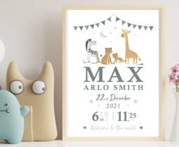 Personalized Baby Name Print - Nursery Animal Art - A4 Or PDF - thumbnail 1