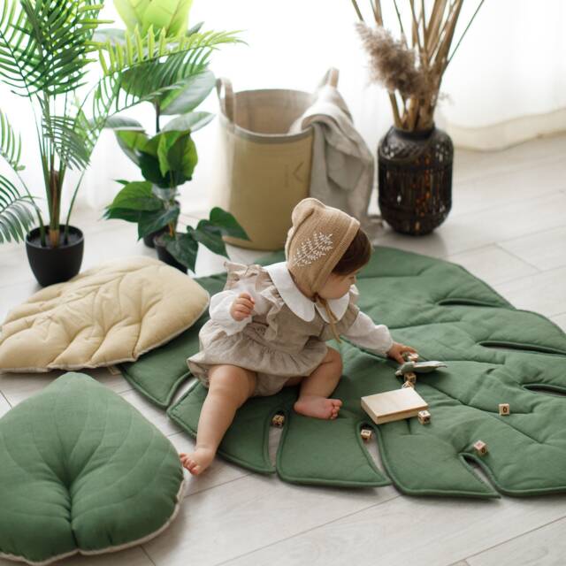 Linen Leaf Play Mat Organic Padded Baby Crawling Rug - image 1