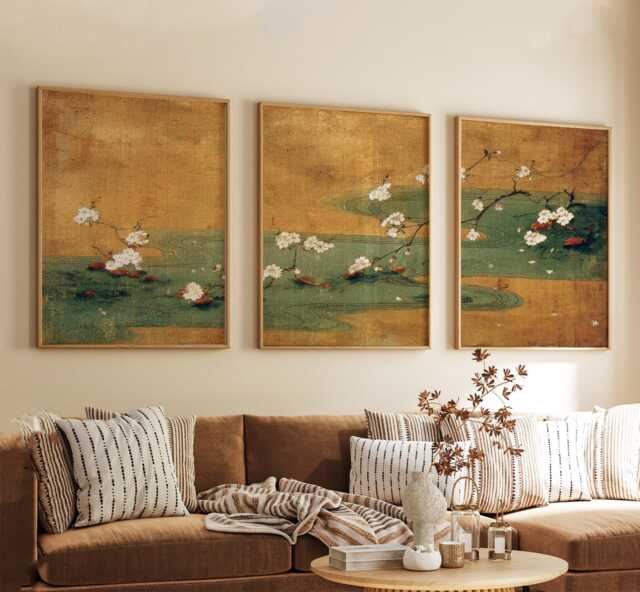 Japanese Blossom Poster Set - Ukiyo-E Triptych Wall Art Gold Green Floral Prints - image 1