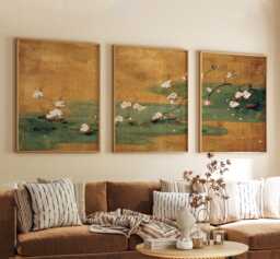 Japanese Blossom Poster Set - Ukiyo-E Triptych Wall Art Gold Green Floral Prints - thumbnail 1