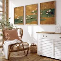 Japanese Blossom Poster Set - Ukiyo-E Triptych Wall Art Gold Green Floral Prints - thumbnail 3