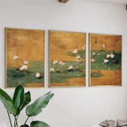 Japanese Blossom Poster Set - Ukiyo-E Triptych Wall Art Gold Green Floral Prints - thumbnail 2