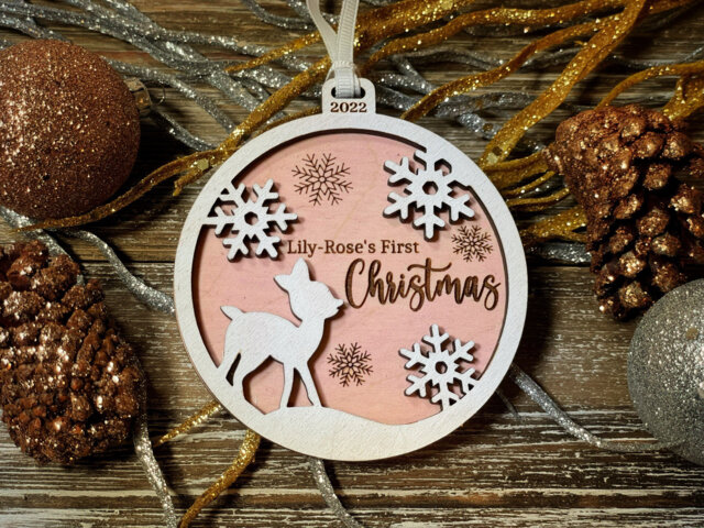 Baby's First Christmas 2026 Wooden Ornament Baby Reindeer Pink, Blue Or Neutral, Personalized Engraved Stats Ornament, Shower Gift - image 1