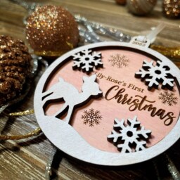 Baby's First Christmas 2026 Wooden Ornament Baby Reindeer Pink, Blue Or Neutral, Personalized Engraved Stats Ornament, Shower Gift - thumbnail 2