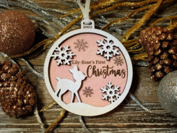 Baby's First Christmas 2026 Wooden Ornament Baby Reindeer Pink, Blue Or Neutral, Personalized Engraved Stats Ornament, Shower Gift - thumbnail 1