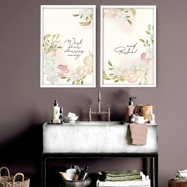 Trendy Shabby Chic Decor Framed Set Of 2 Wall Art Prints For A Pastel Bathroom Home Decor, Farmhouse Toilet Spa - image 1